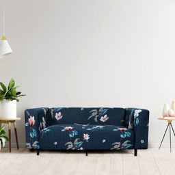 HOUSE OF QUIRK Navy Blue & Pink Floral Printed 1 Seater Stretchable Sofa Cover-90