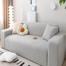 HOUSE OF QUIRK Grey Self-Design Jacquard Stretchable Single Seater Sofa Cover With Arms-image-48