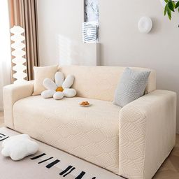 HOUSE OF QUIRK Beige Leaf Textured  Jacquard Flexible Stretch Single Seater Sofa Cover-72