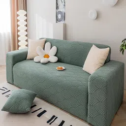 HOUSE OF QUIRK Green Self Design Jacquard Flexible Stretchable 3-seater Sofa Slipcover-image-65