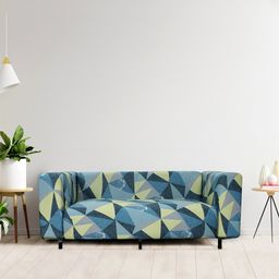 HOUSE OF QUIRK Blue & Yellow Geometric Printed 4-Seater Non-Slip Sofa Cover-6