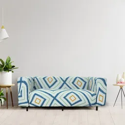 HOUSE OF QUIRK Blue & Mustard-Yellow Printed 3-Seater Stretchable Non-Slip Sofa Slipcover-15