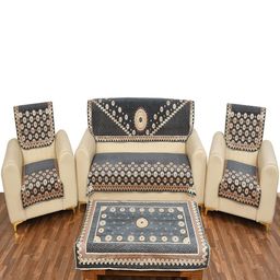 MULTITEX 7 Pcs Grey & Beige Printed Velvet 5-Seater Sofa Cover with 1 Table Cover-picture-11