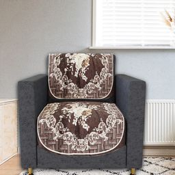Kuber Industries Cream & Brown 2-Pieces Floral Printed Single Seater Velvet Sofa Covers-65