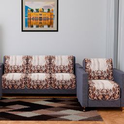 Kuber Industries 8 Pcs Cream-Colored & Brown Printed Velvet 4-Seater Sofa Covers-22