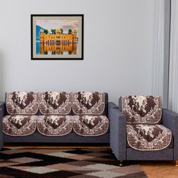Kuber Industries Cream-color & Brown 8 Pieces Printed Velvet 4 Seater Sofa Slip Cover Set-3