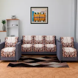 Kuber Industries Cream 10 Pieces Floral-Printed 5 Seater Velvet Sofa Covers-image-29