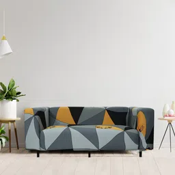 HOUSE OF QUIRK Grey & Orange Geometric Printed 3 Seater Stretchable Sofa Covers-2