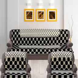 Nendle Black & White 6 Pieces Printed Cotton 5-Seater Sofa Covers-5