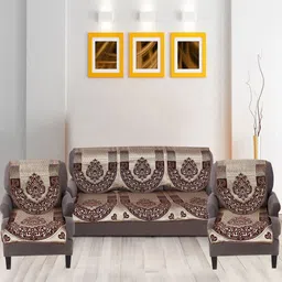 Nendle Brown & White 6 Pieces Printed Cotton 5-Seater Sofa Covers-16