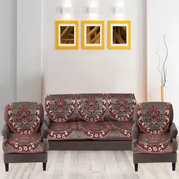 Nendle Maroon & Grey 6 Pieces Printed Cotton 5-Seater Sofa Covers-picture-29