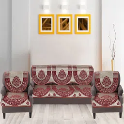 Nendle Maroon & Grey 6 Pieces Printed Cotton 5-Seater Sofa Covers-0
