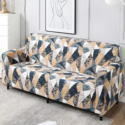 HOKIPO Blue & Peach Printed Stretchable Universal 4 Seater Sofa Covers-4