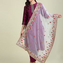 Dupatta Bazaar Off White & Red Ethnic Motifs Embroidered Organza Dupatta-34