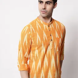 Vastraa Fusion Ikat Printed Band Collar Pure Cotton Kurta-51