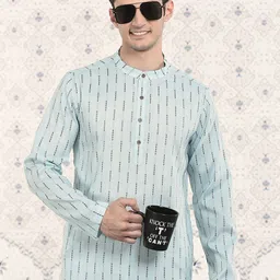 Ode by House of Pataudi Blue Stripes Woven Design Mandarin Collar Jacquard Kurta-picture-11