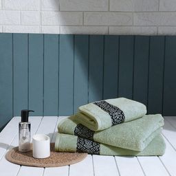 SPACES Aurum Green 3 Pieces Geometric Self Design Pure Cotton 500 GSM Towel Set-37
