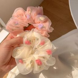 trend tracker Floral Organza Hair Scrunchies, Rose Pattern, Pink and White, Pack of 2 image 1