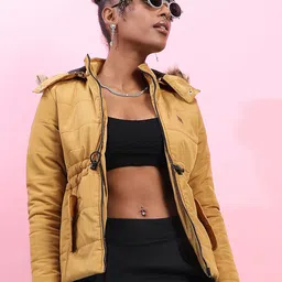 Campus Sutra Yellow Hooded Windcheater Faux Fur Trim Puffer Jacket-34