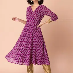 Rang by Indya Women Purple Geometric Printed Georgette Anarkali Kurta-image-13