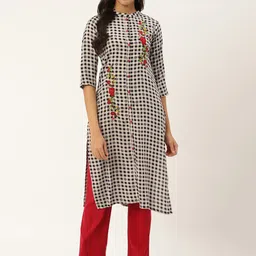 RANGMAYEE Checked Embroidered Mandarin Collar Thread Work Liva Straight Kurta-16