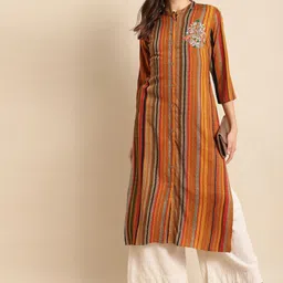 all about you Red Striped Mandarin Collar Beads and Stones Liva Straight Kurta-image-85