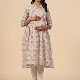 CRAFIQA Ethnic Motifs Printed Anarkali Pure Cotton Maternity & Nursing Kurta-image-56