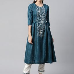 SheWill Women Teal Floral Embroidered Pleated Sequinned Kurta with Trousers-image-17