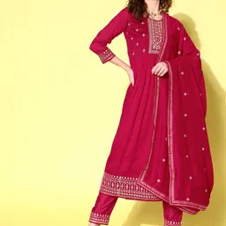 Kvsfab Floral Embroidered Regular Sequinned Anarkali Kurta With Trousers & Dupatta-34