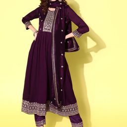 Kvsfab Floral Embroidered Regular Sequinned Anarkali Kurta With Trousers & Dupatta-image-44