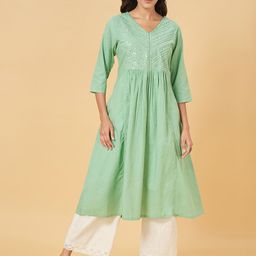 RANGMANCH BY PANTALOONS Yoke Design Pure Cotton V-Neck Anarkali Kurta-29