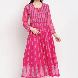 Indiankala4u Women Magenta Floral Embroidered Chikankari Anarkali Kurta-image-64