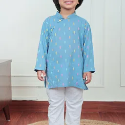 Polka Tots Boys Floral Embroidered Mandarin Collar Pure Cotton Straight Kurta With Pyjamas-18