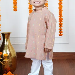 Polka Tots Boys Ethnic Motifs Woven Design Mandarin Collar Pure Cotton Kurta With Pyjamas-47