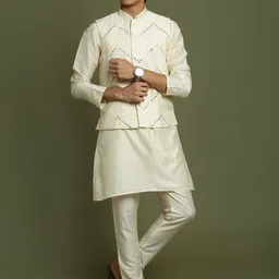 VASTRAMAY Boys Mandarin Collar Straight Kurta & Pyjamas With Nehru jacket-image-99