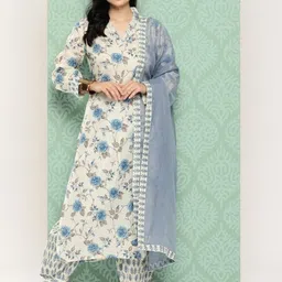 KALINI Floral Printed Regular Kantha Work Pure Cotton Kurta with Patiala & Dupatta-38