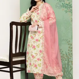 KALINI Floral Printed V-Neck Pure Cotton Straight Kurta with Patiala & Dupatta-47