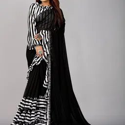 B4ME COM Black & White Striped Pure Georgette Leheriya Saree-picture-7