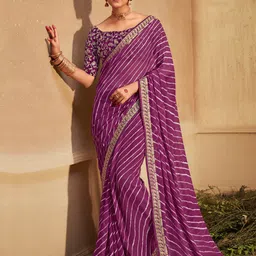 Anouk Purple & White Leheriya Sequinned Pure Georgette Leheriya Saree-picture-17