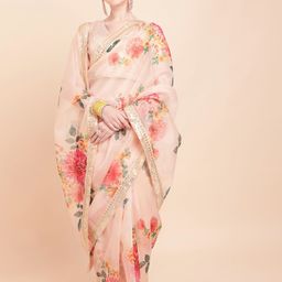 Sangria Pink & Green Floral Sequinned Organza Saree-21