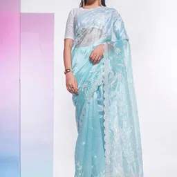 Mitera Blue & White Floral Embroidered Sequined Organza Saree-image-36