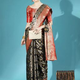 Mitera Black & Red Ethnic Motifs Woven Design Zari Patola Saree-6