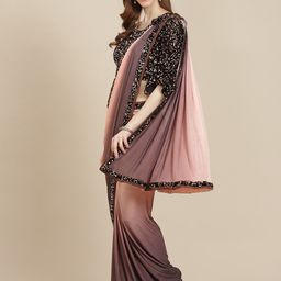 Grancy Peach-Coloured & Black Sequinned Leheriya Saree-image-25