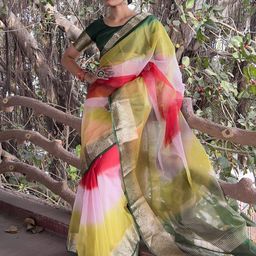 DIVASTRI Tie and Dye Zari Organza Saree-image-5