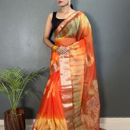 DIVASTRI Tie and Dye Zari Dyed Organza Saree-image-78