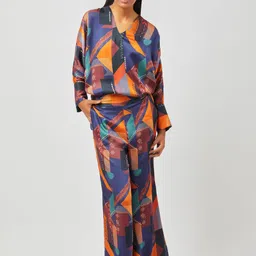 Contemponari Extended Sleeves V-Neck Modal Satin Top With Trousers-image-63