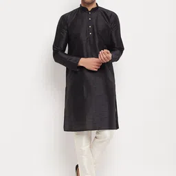 VASTRAMAY Mandarin Collar Silk Blend Kurta With Trousers-image-78