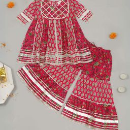 LITTLE GINNIE Girls Floral Printed Gotta Patti Pure Cotton Anarkali Kurti With Sharara-image-95
