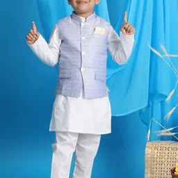 VASTRAMAY Boys Mandarin Collar Jacquard Cotton Straight Kurta With Pyjama & Nehru jacket-picture-58