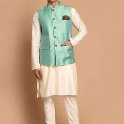 VASTRAMAY Mandarin Colar Regular Straight Kurta with Trousers-image-11